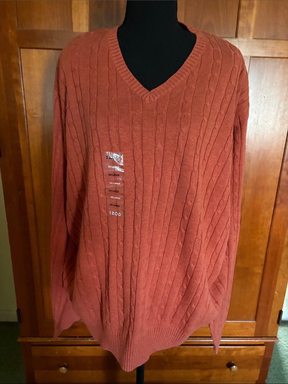 Izod Men’s V-Neck Cable Knit Sweater in Rust